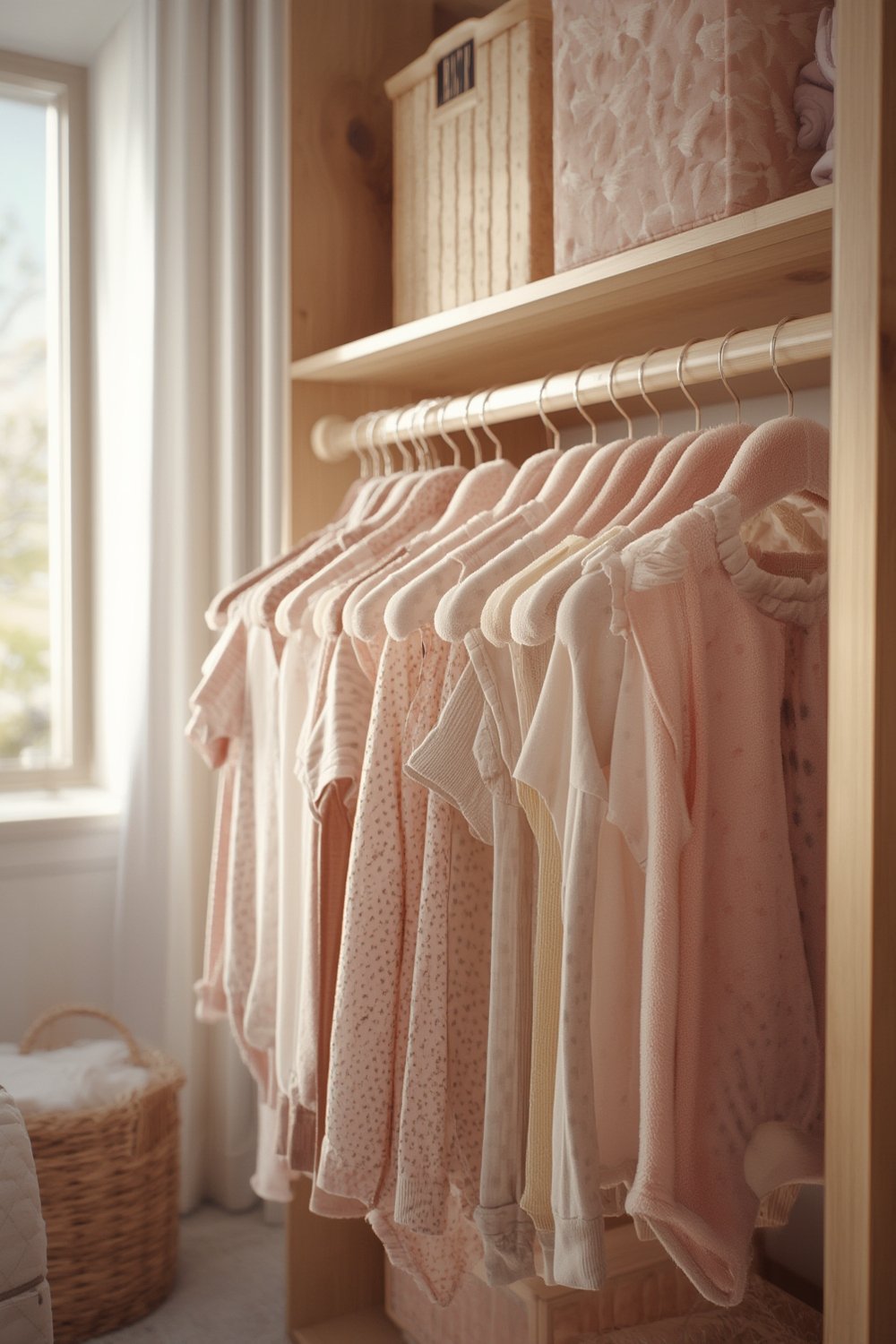 A neatly organized toddler closet using beige velvet baby hangers