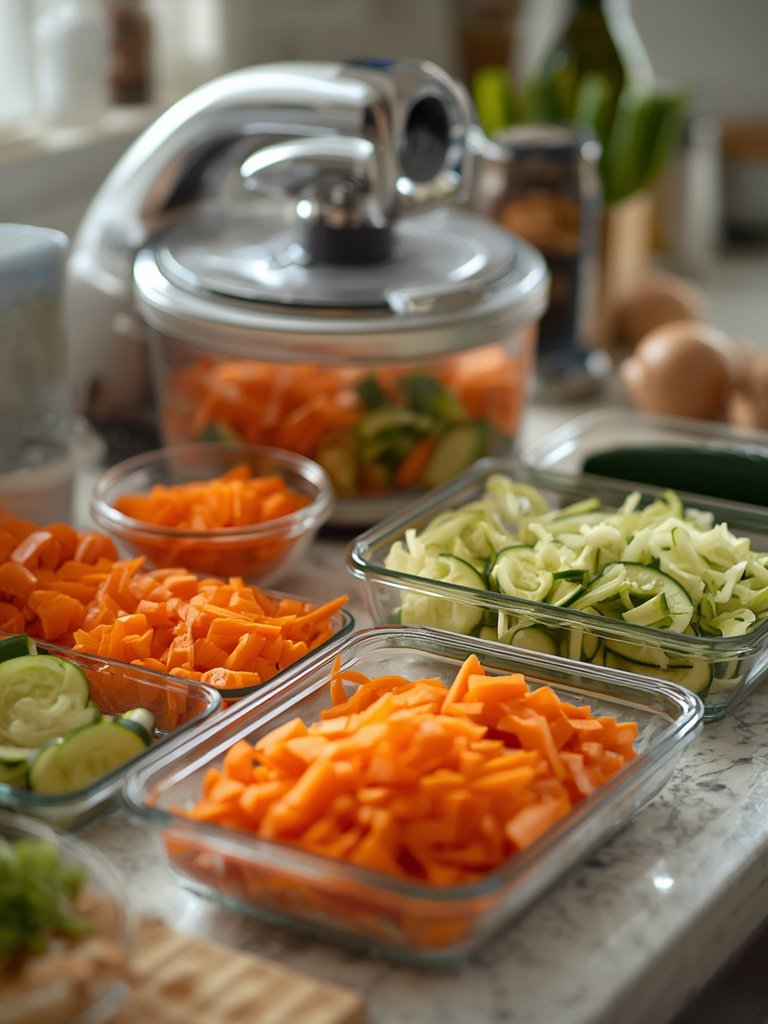 The Fullstar food chopper in action, dicing vegetables into its container.