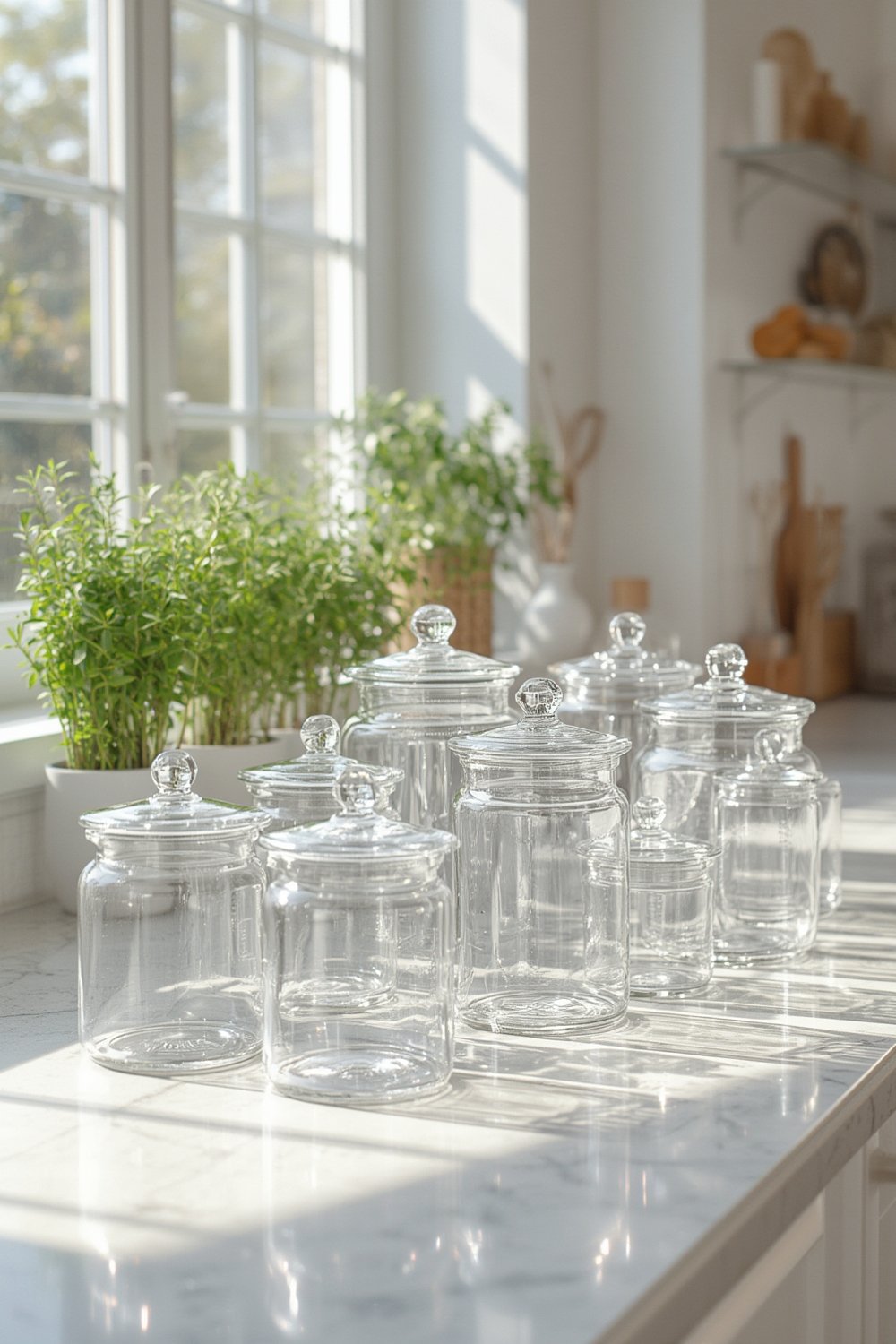 A set of M MCIRCO glass containers with gray lids, neatly arranged.