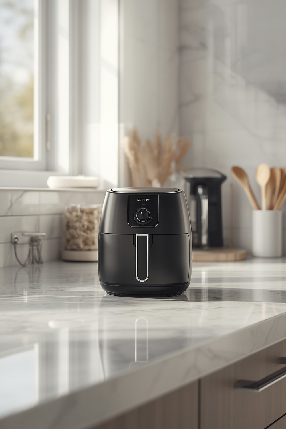 The CHEFMAN 2 Qt mini airfryer on a kitchen counter, showcasing its compact size.