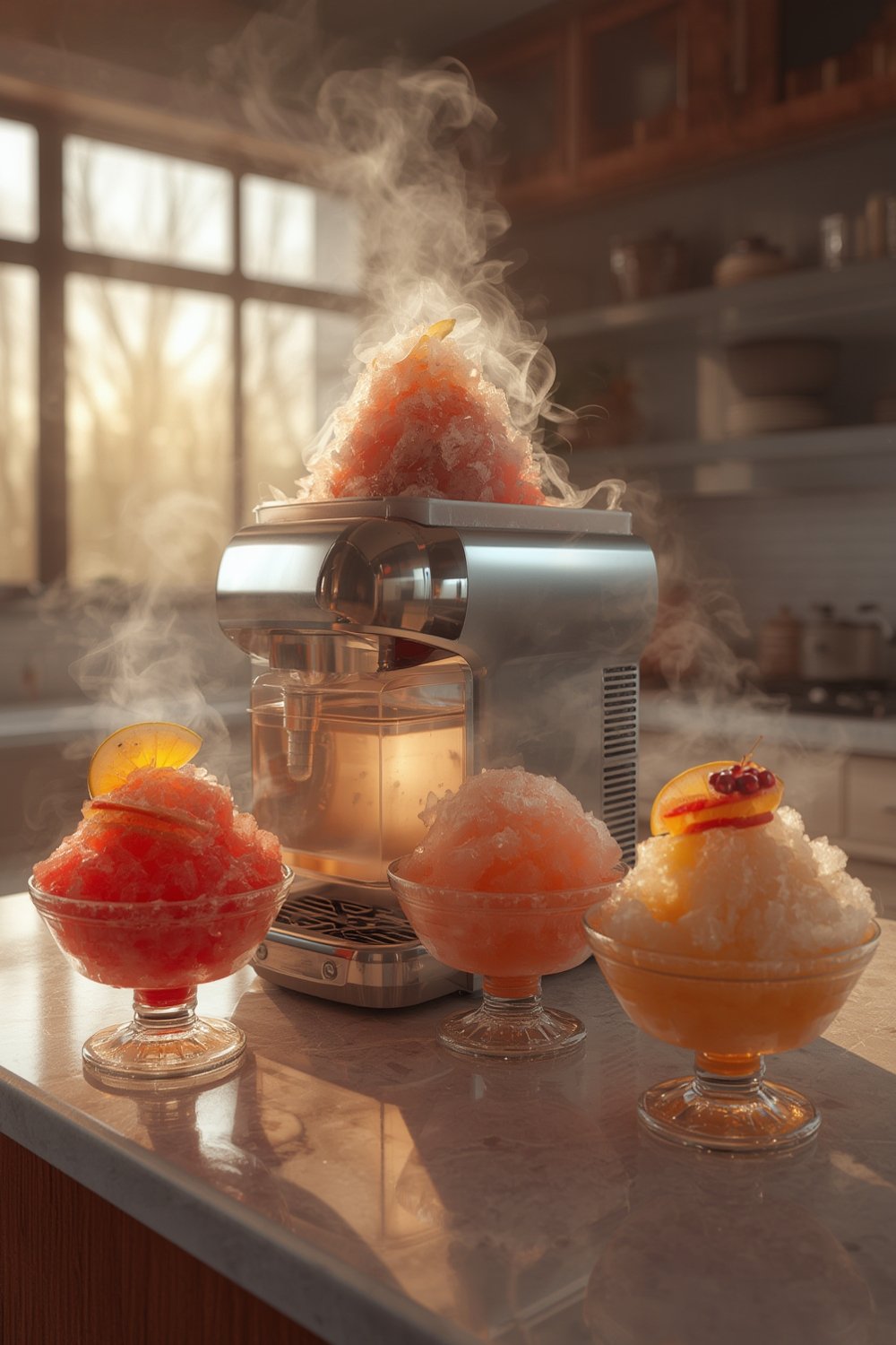 A colorful bowl of shaved ice made with the Dash Shaved Ice Maker.