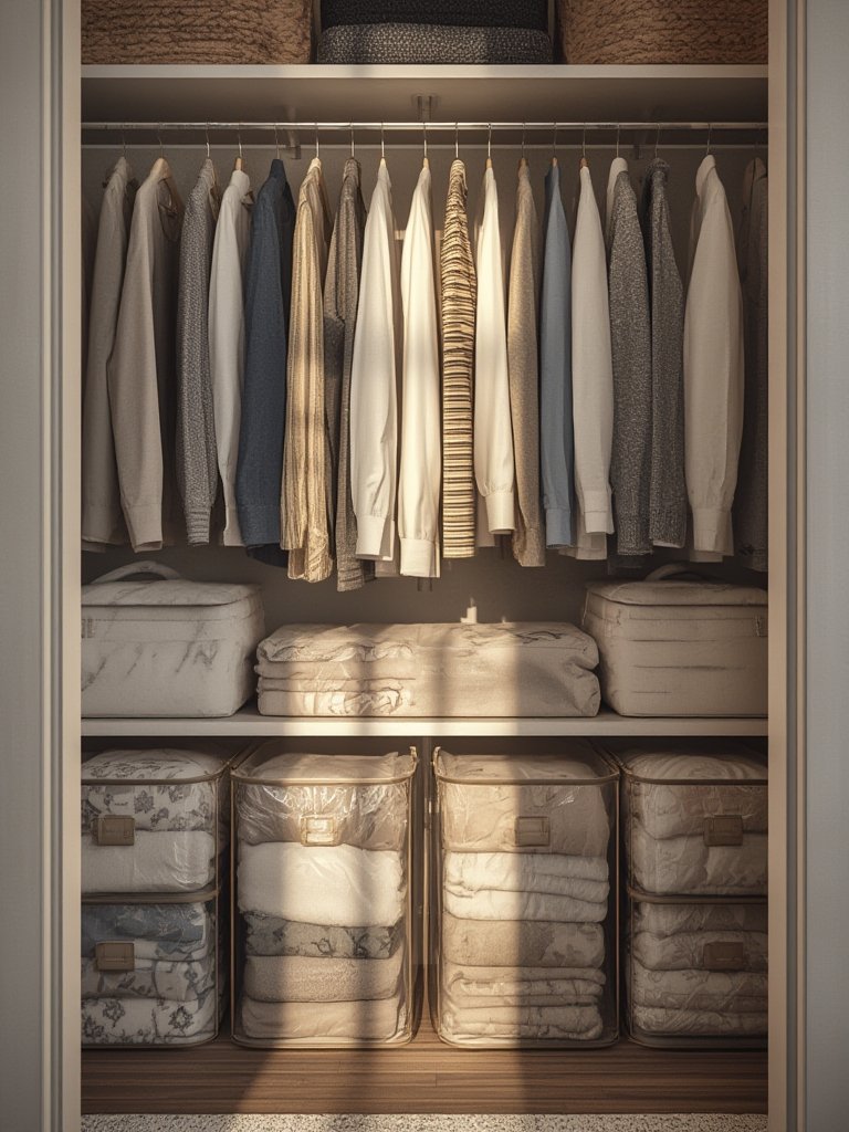 A person using the hand pump on a vacuum bag filled with clothes.