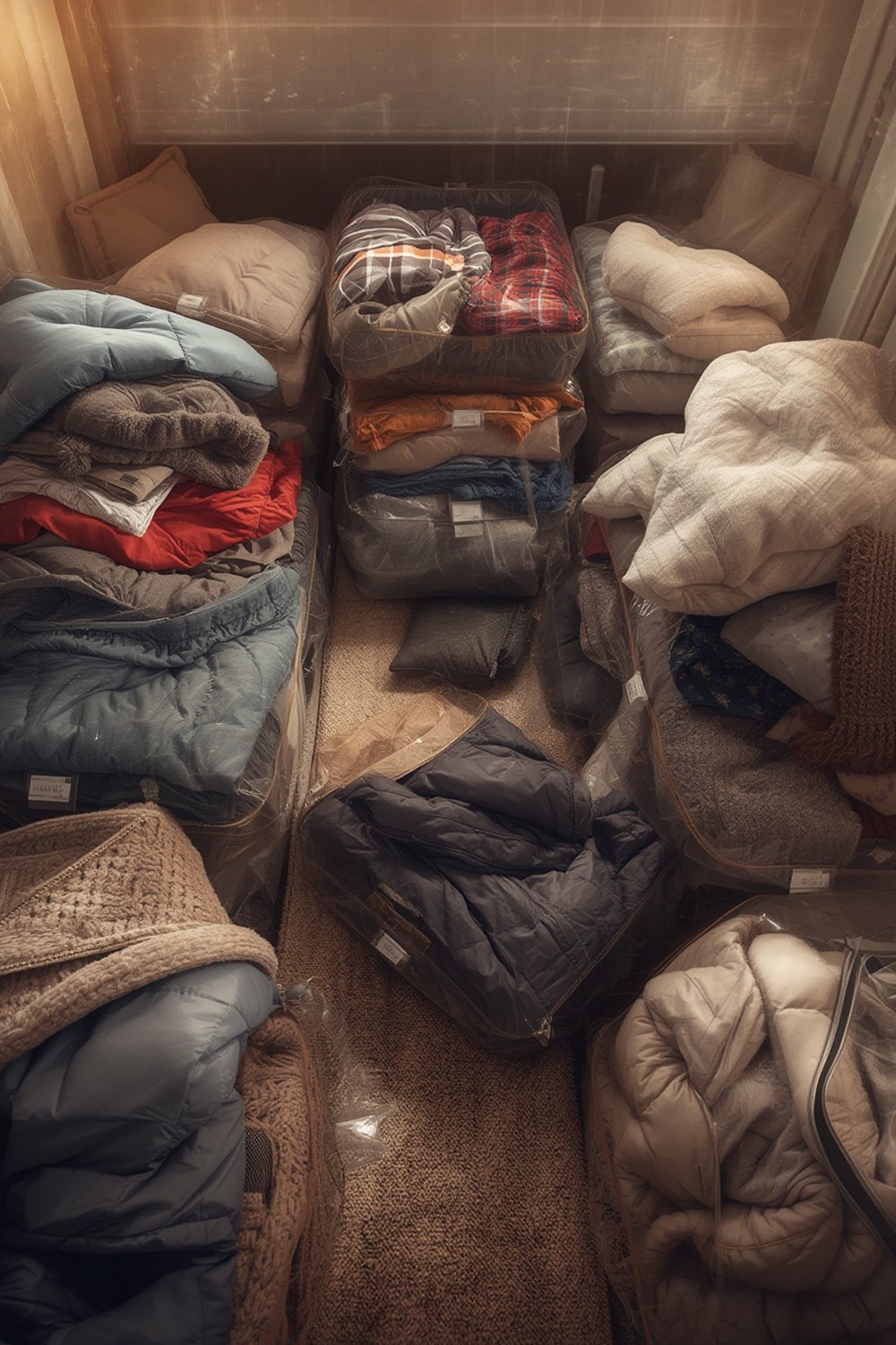 A set of Cozy Essential vacuum bags showing different sizes for clothes storage.