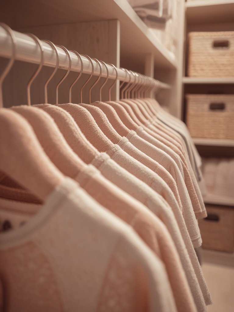 Close-up of the non-slip velvet texture and notched shoulders on the Amazon Basics baby hangers