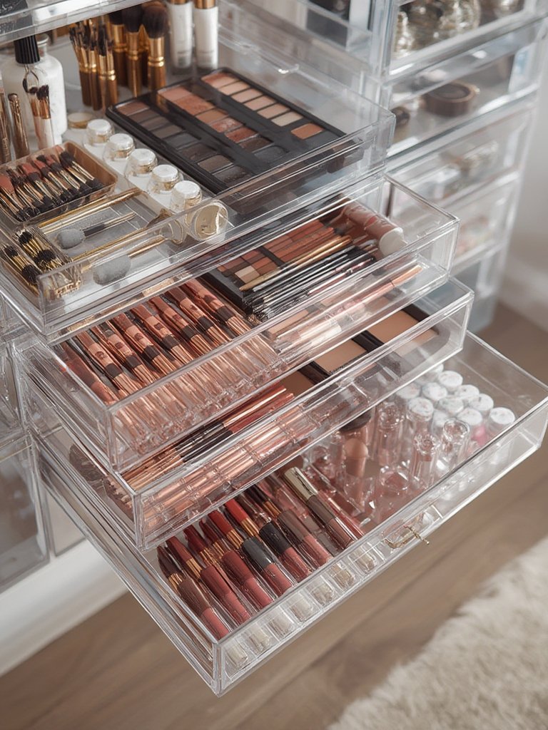 An acrylic organizer being used as a vanity organizer for makeup