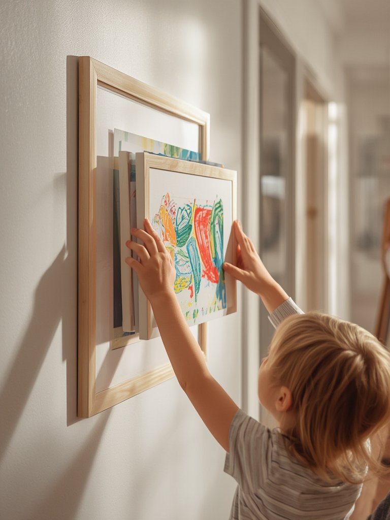 A close-up of the artwork display inside the magnetic frames, showing the storage capacity.