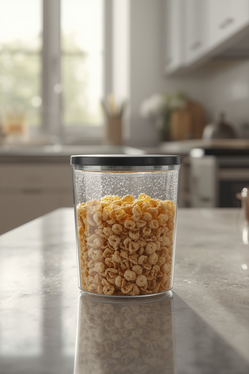 Rubbermaid Brilliance cereal container pouring cereal into a bowl