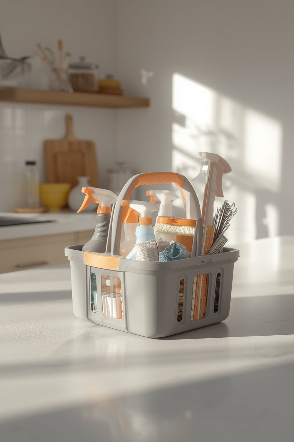 Casabella cleaning caddy filled with cleaning supplies