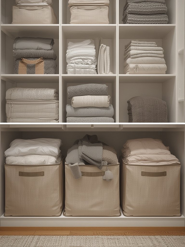 A closet organizer system showing the storage bags neatly arranged on shelves.