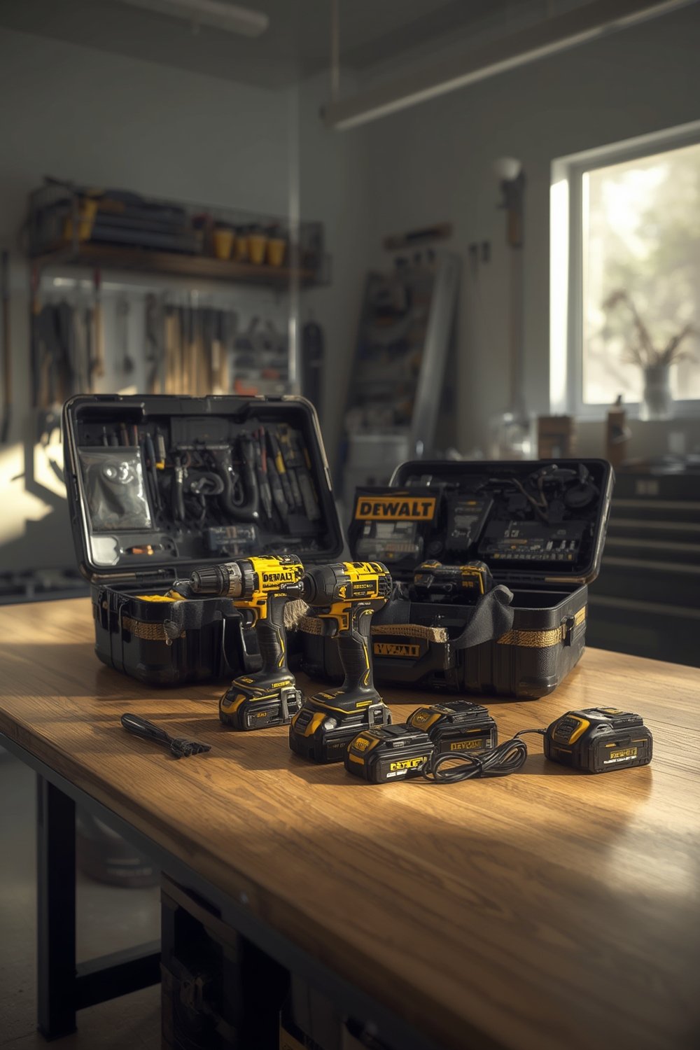 DEWALT cordless combo kit with drill, impact driver, batteries, charger, and bag on a wooden surface.