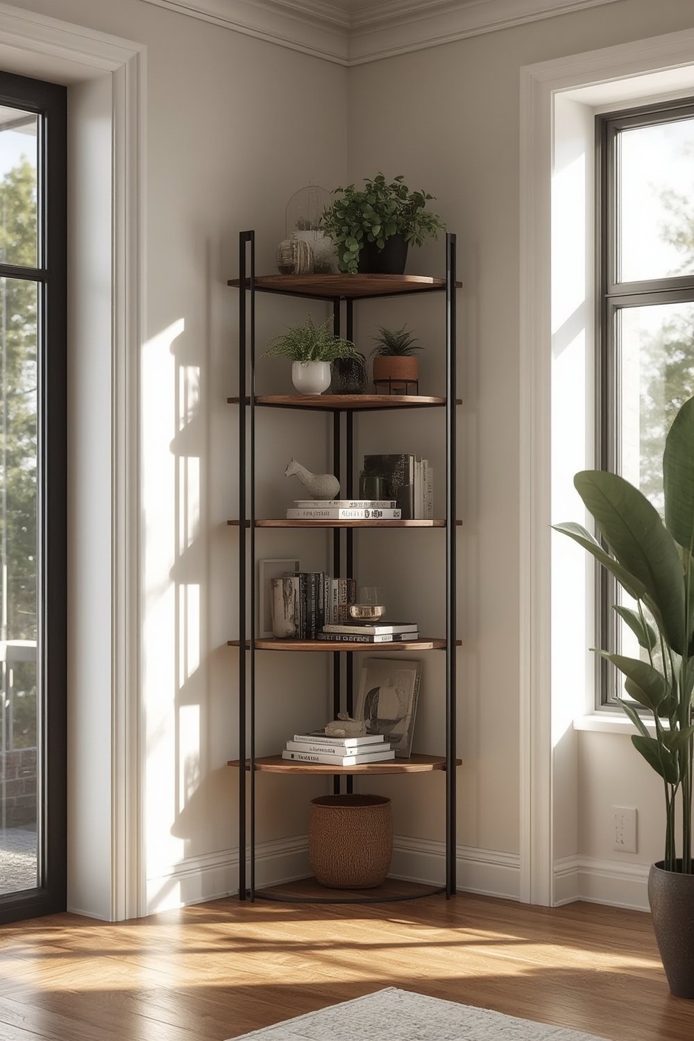 Furinno TURN-N-TUBE 5-tier corner shelf shown in a living room setting.