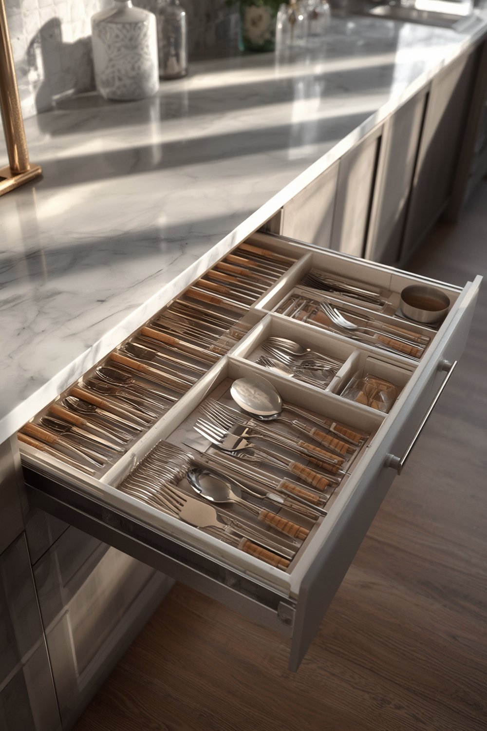 Joseph Joseph drawer organizer showing stacked cutlery compartments in a kitchen drawer.