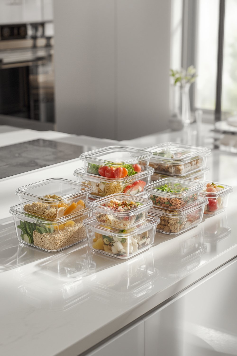 A clear Rubbermaid 12 quart food container storing fresh vegetables.