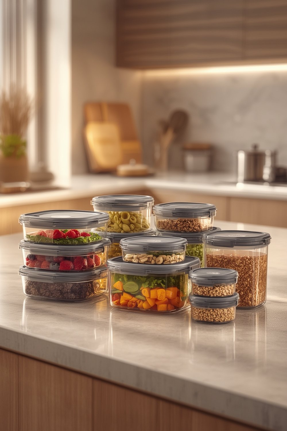 A set of Joseph Joseph Nest Lock food containers neatly nested together.