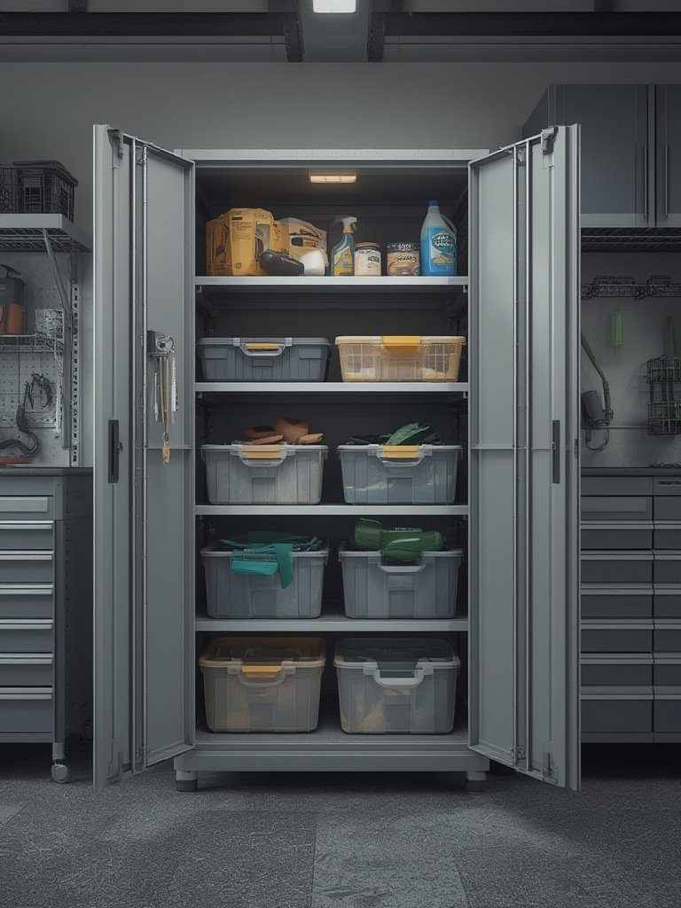 Close-up of the Sterilite storage cabinet showcasing its adjustable shelves
