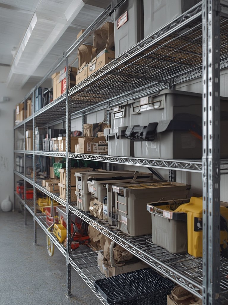 Amazon Basics wire shelving unit used for garage storage, holding tools and boxes.
