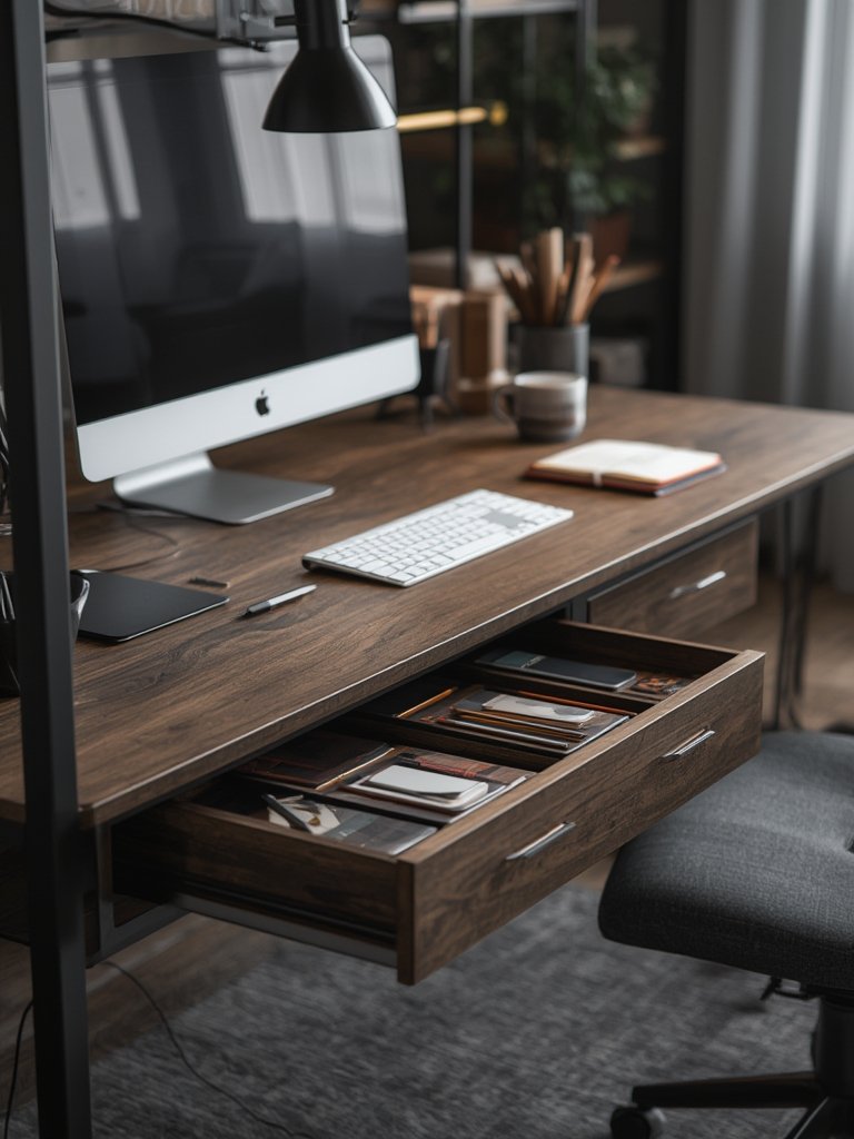 A close-up of the desk with drawers, showcasing its storage capacity.