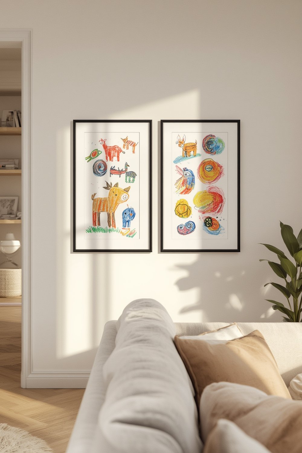A set of Americanflat kids frames displaying children's artwork on a wall.