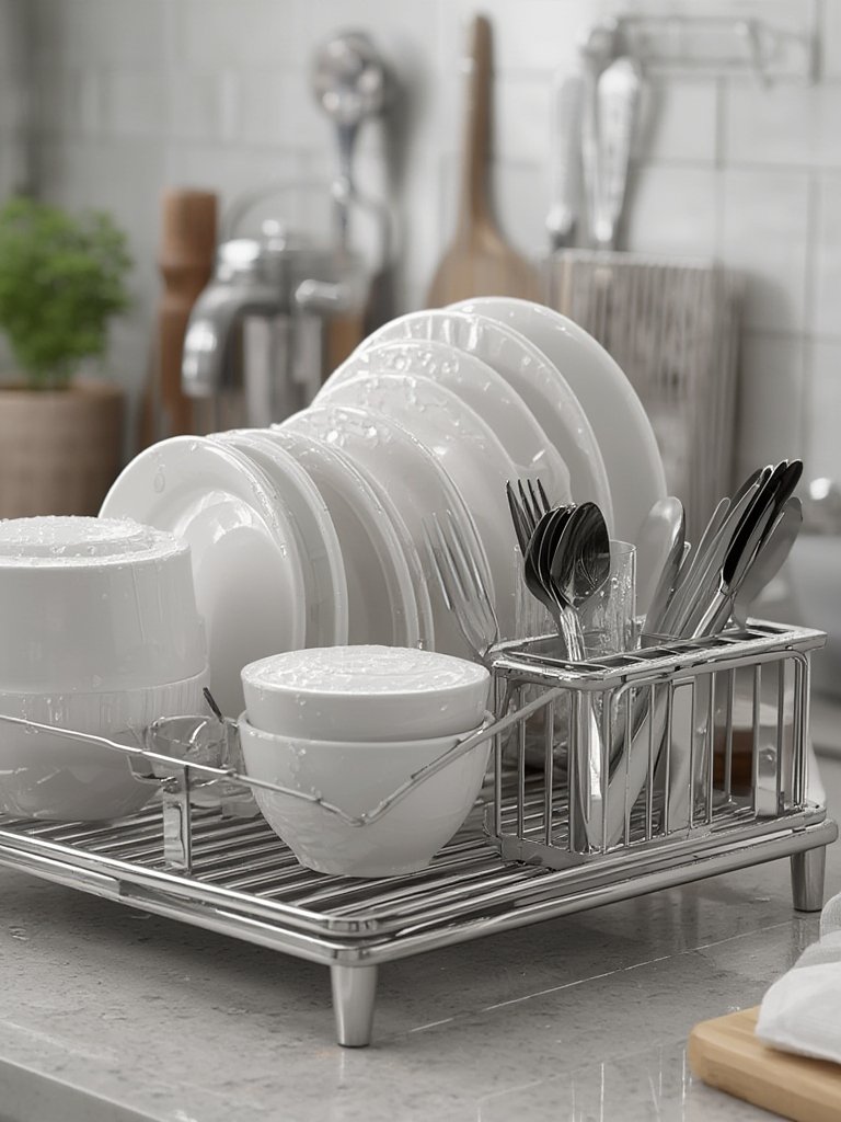 A black kitchen organizer dish rack showing its features
