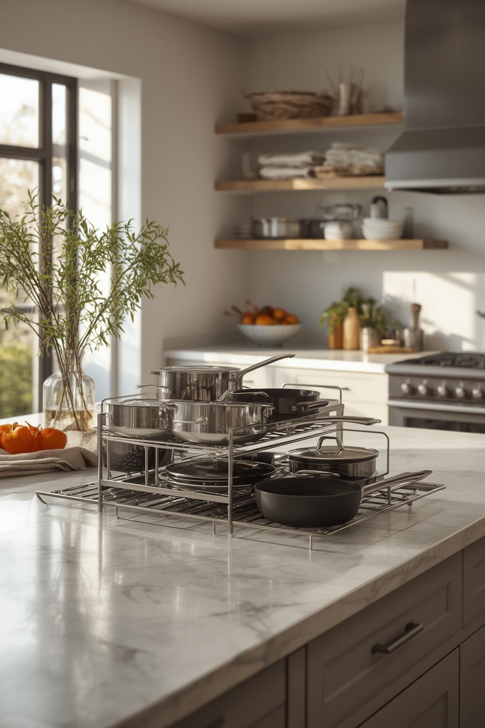Cuisinel pan organizer holding cast iron skillets on a kitchen counter.