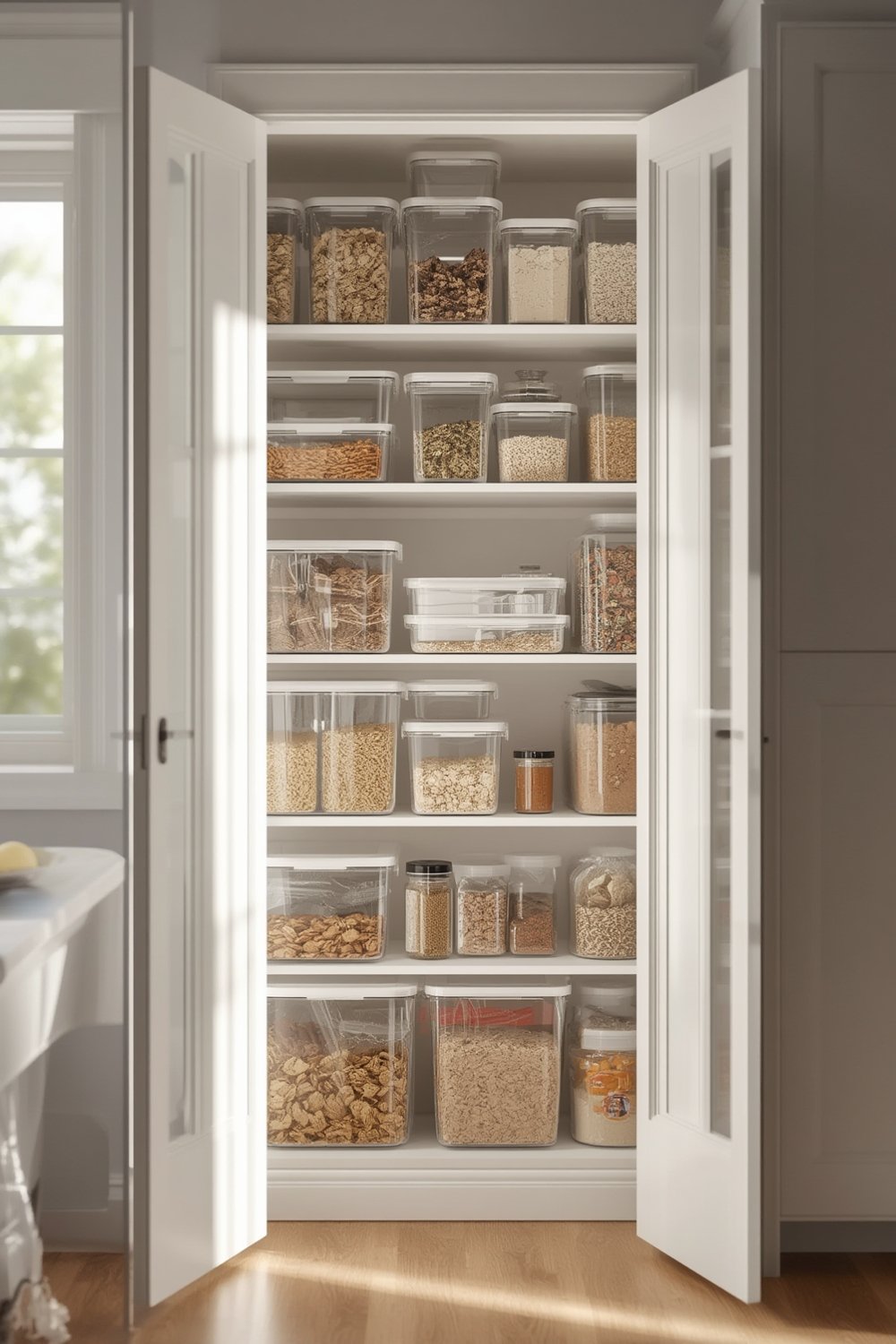 A set of clear pantry organizers neatly arranging food items on a shelf.