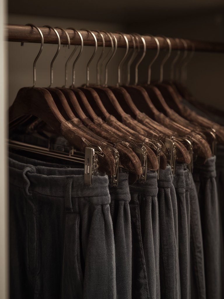 Close-up of the adjustable clips on the black velvet pants hangers holding a pair of trousers.