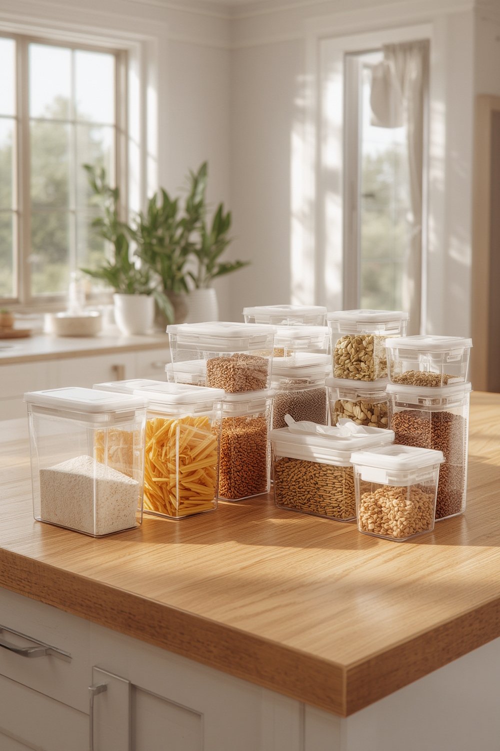 A collection of OXO POP containers organized in a kitchen pantry.