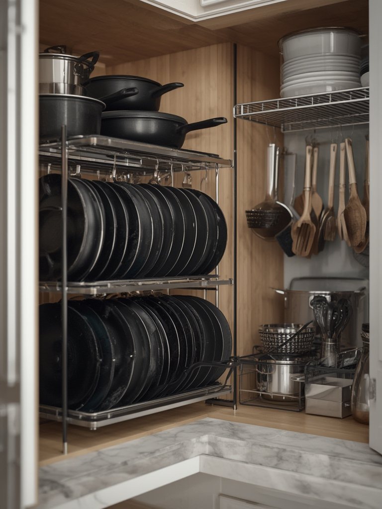 A pot rack being used as a pan organizer in a kitchen cabinet.