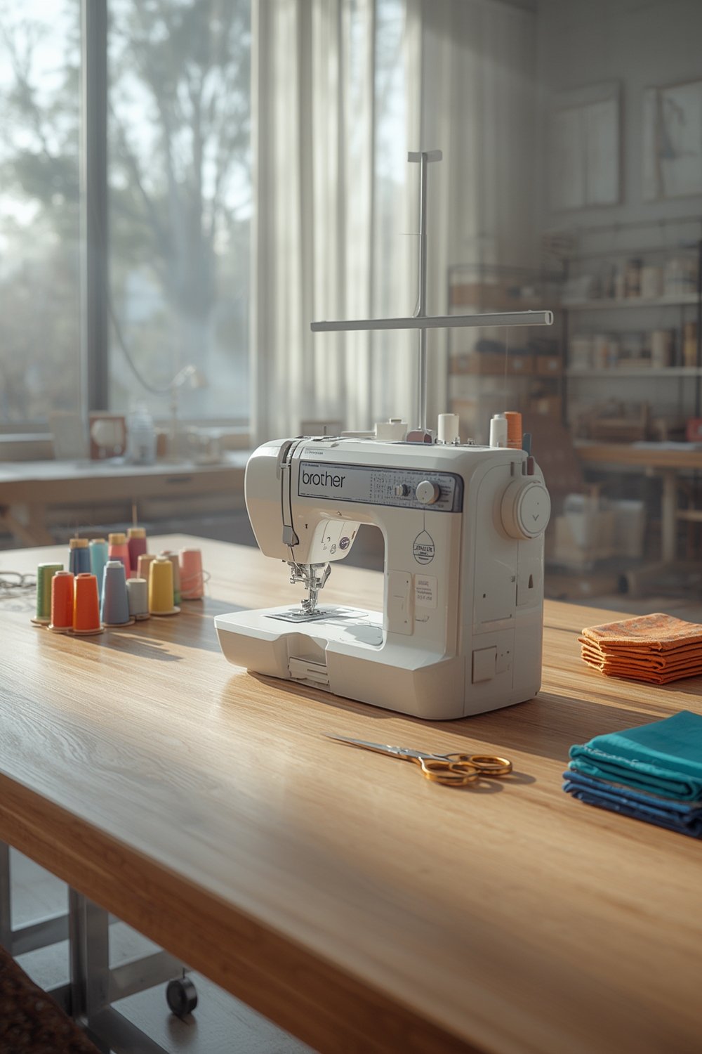 Brother 1034D serger machine stitching through multiple layers of denim fabric.