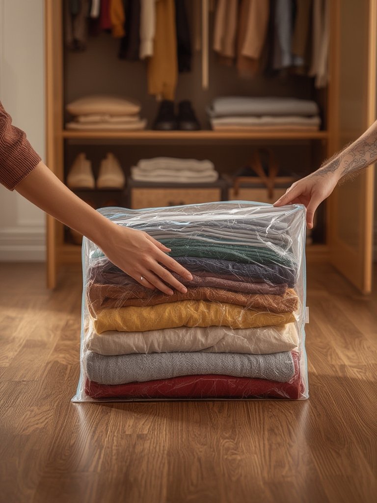 A closet neatly organized with Cozy Essential space saver bags.