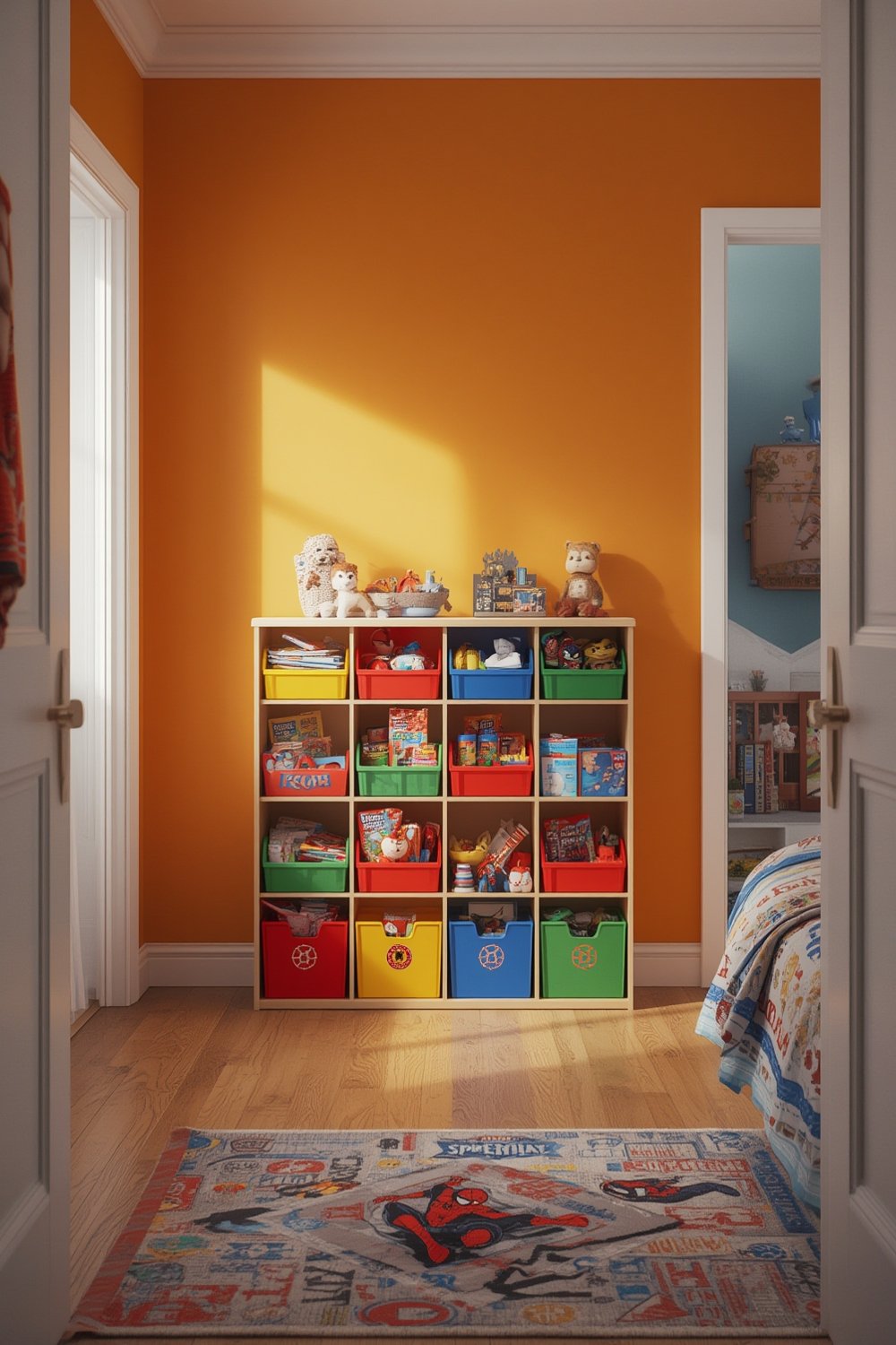 Delta Children Spider-Man Multi-Bin Toy Organizer in a child's room