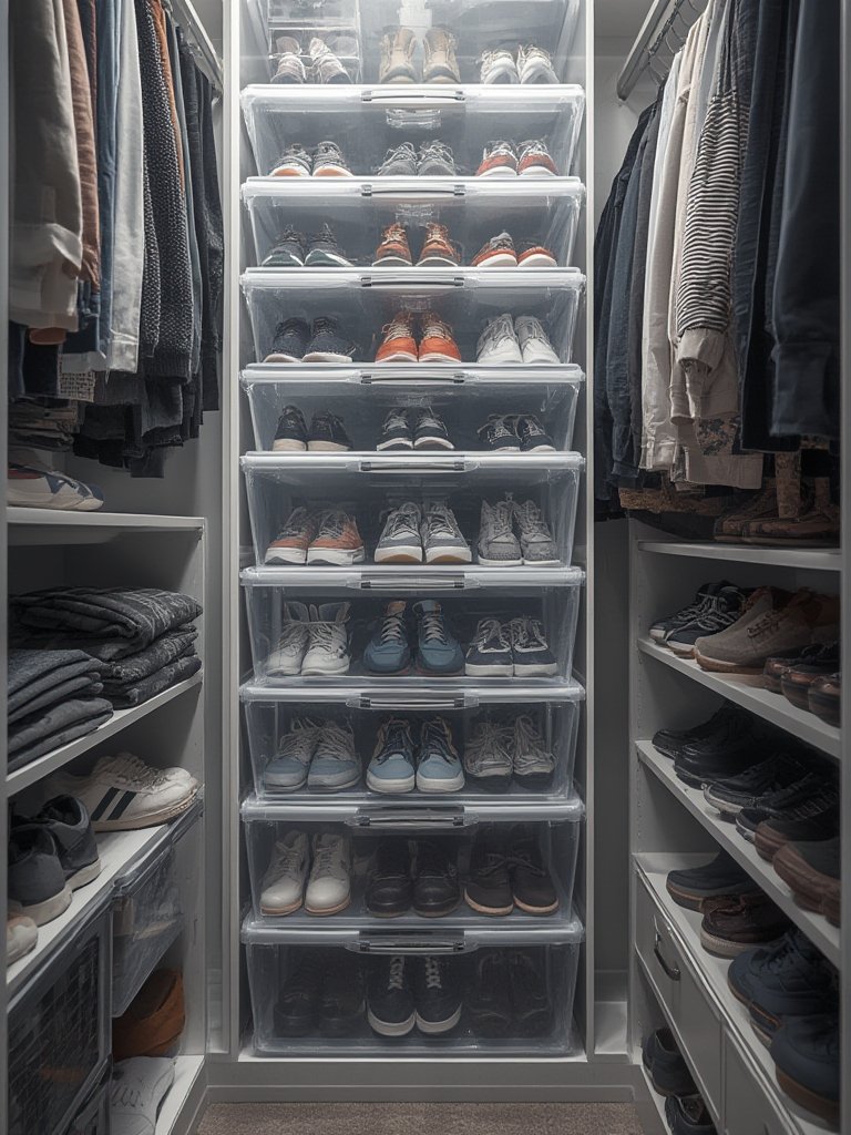 Shoe Organizer: 12 Ultimate Steps For Amazing Storage Solutions In 2026 2 Clear stackable shoe boxes used for sneaker storage.