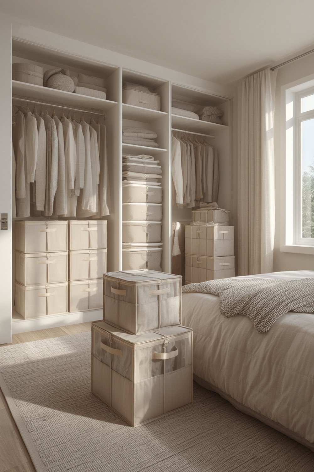 A set of gray storage bags being used to organize clothes and blankets in a closet.