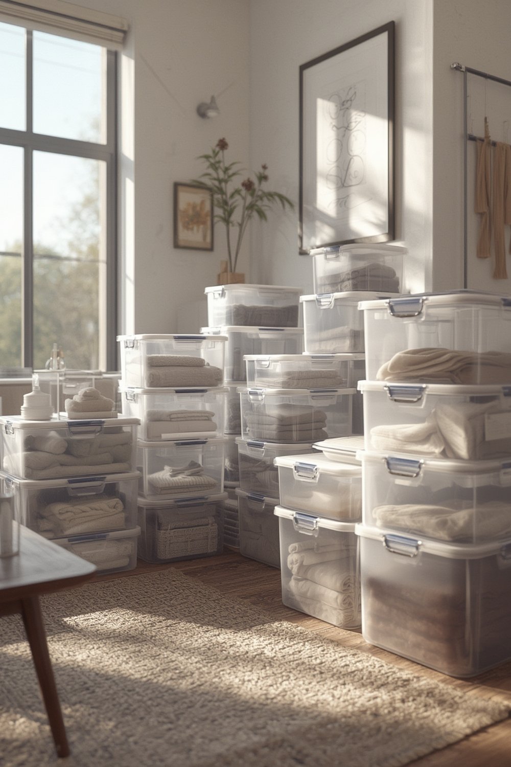 Storage Bins: 4 Ultimate Steps For Amazing Organization In 2026 1 A stack of clear Sterilite storage bins organized neatly in a home closet.