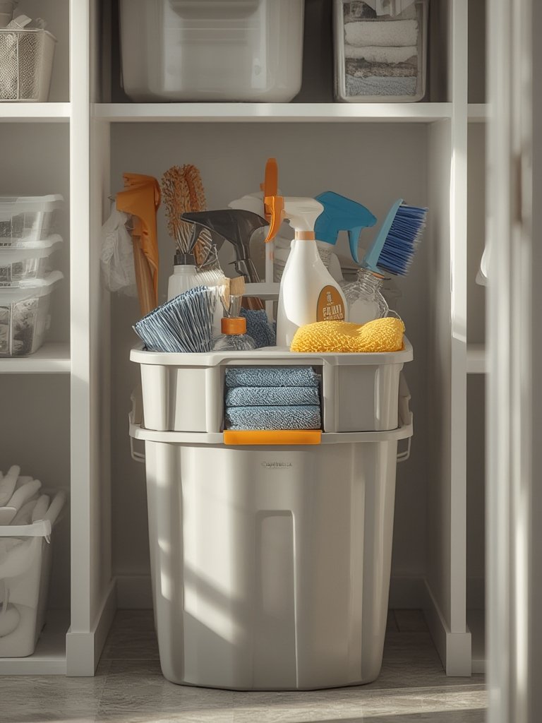A person carrying the Casabella storage caddy with cleaning supplies