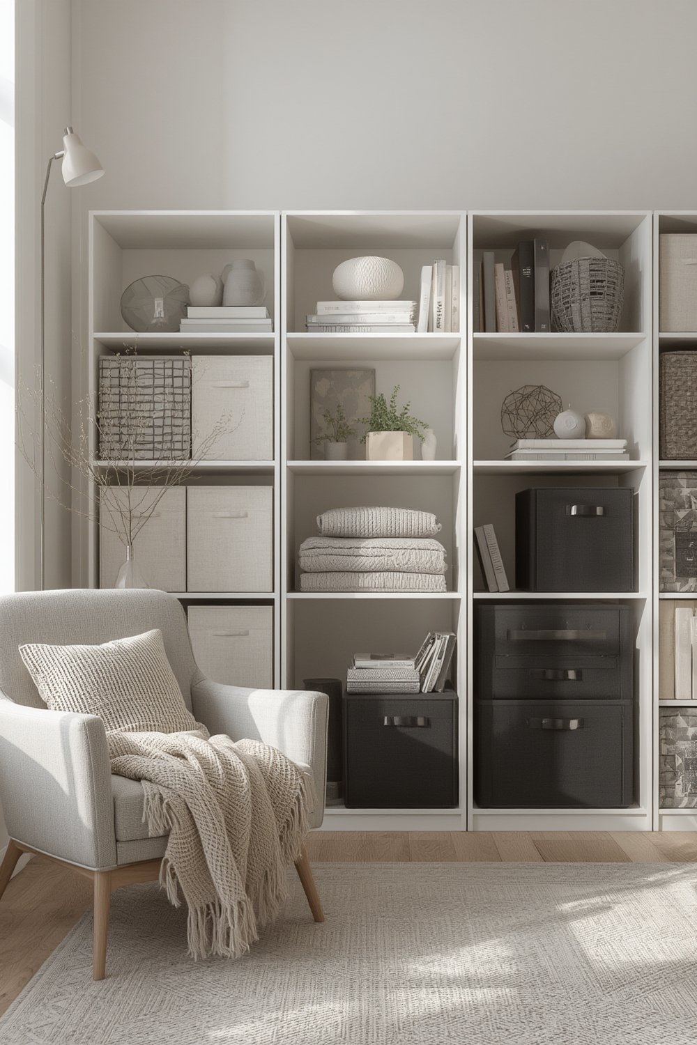 A set of six black storage cubes arranged in a grid.