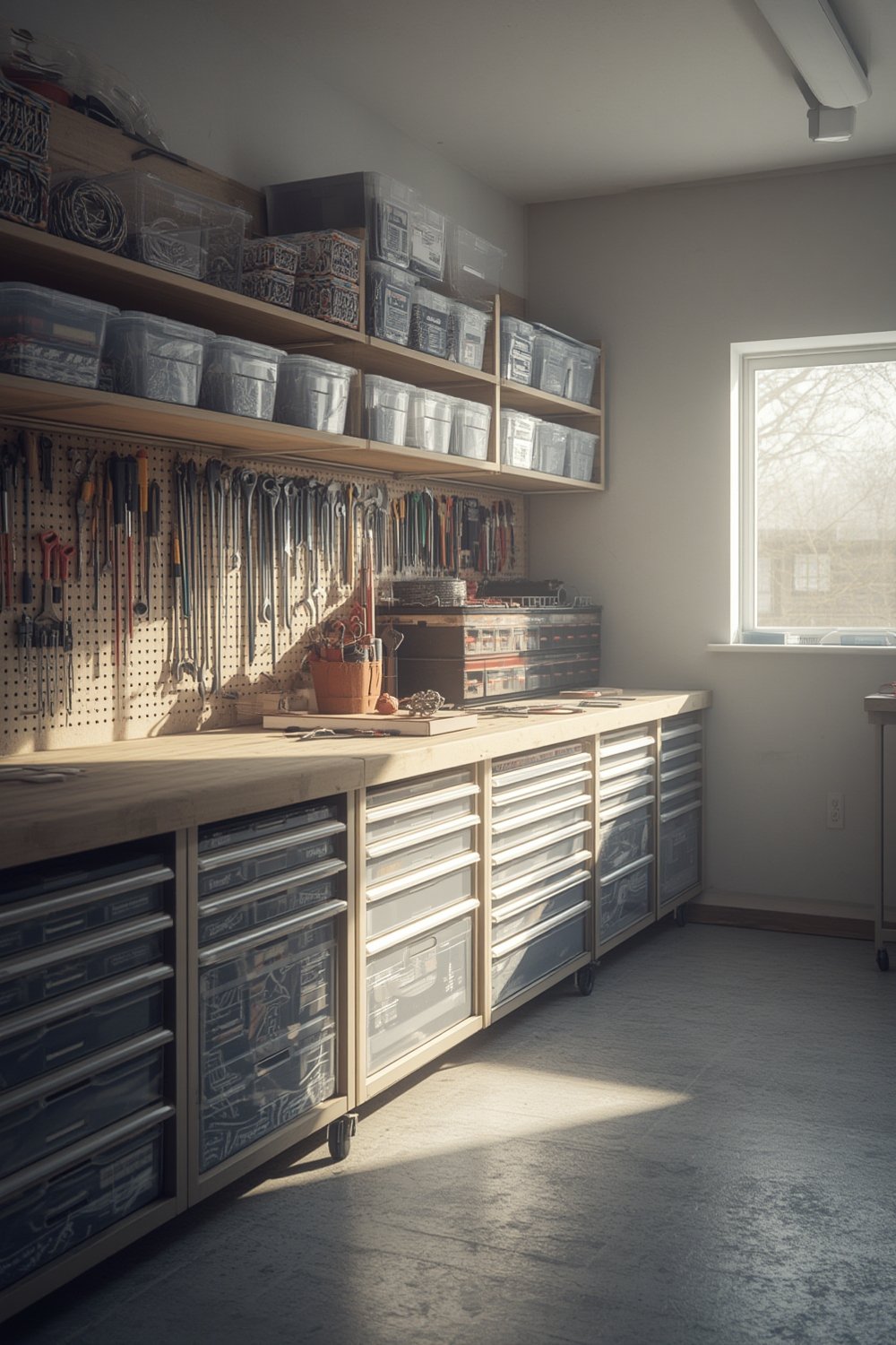 The IRIS USA 44-Drawer tool organizer shown with drawers partially open, displaying screws and small parts.