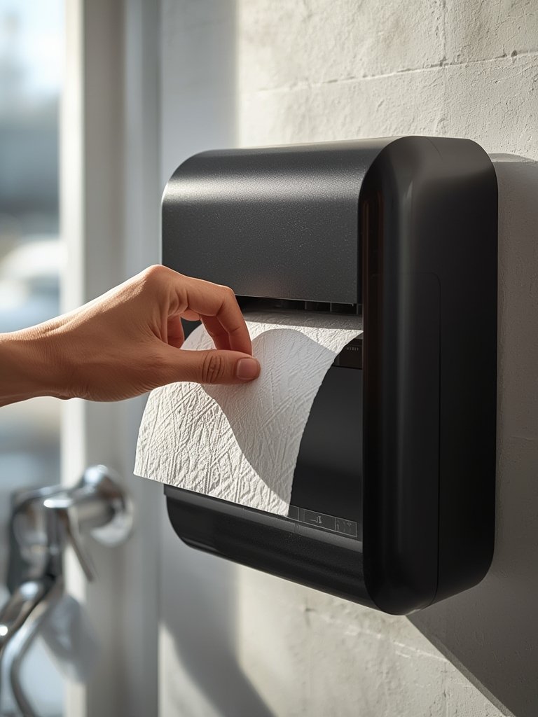 Close-up of the Tork towel dispenser single-dispensing mechanism