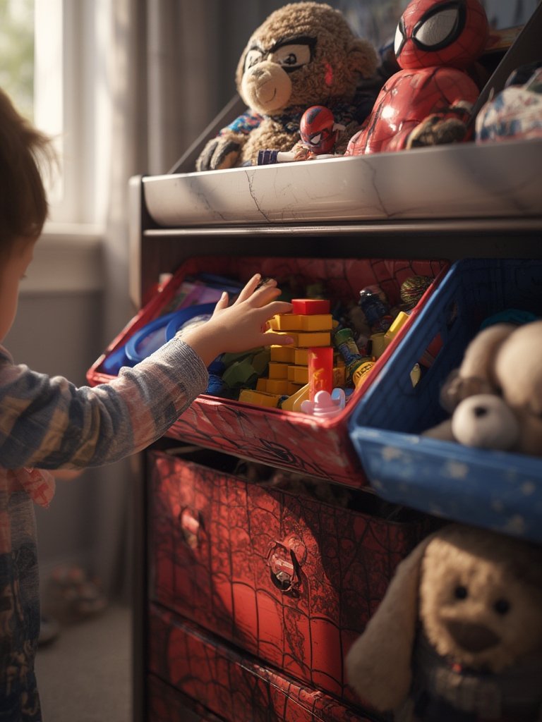 Close-up of the fabric bins on the Spider-Man toy storage organizer
