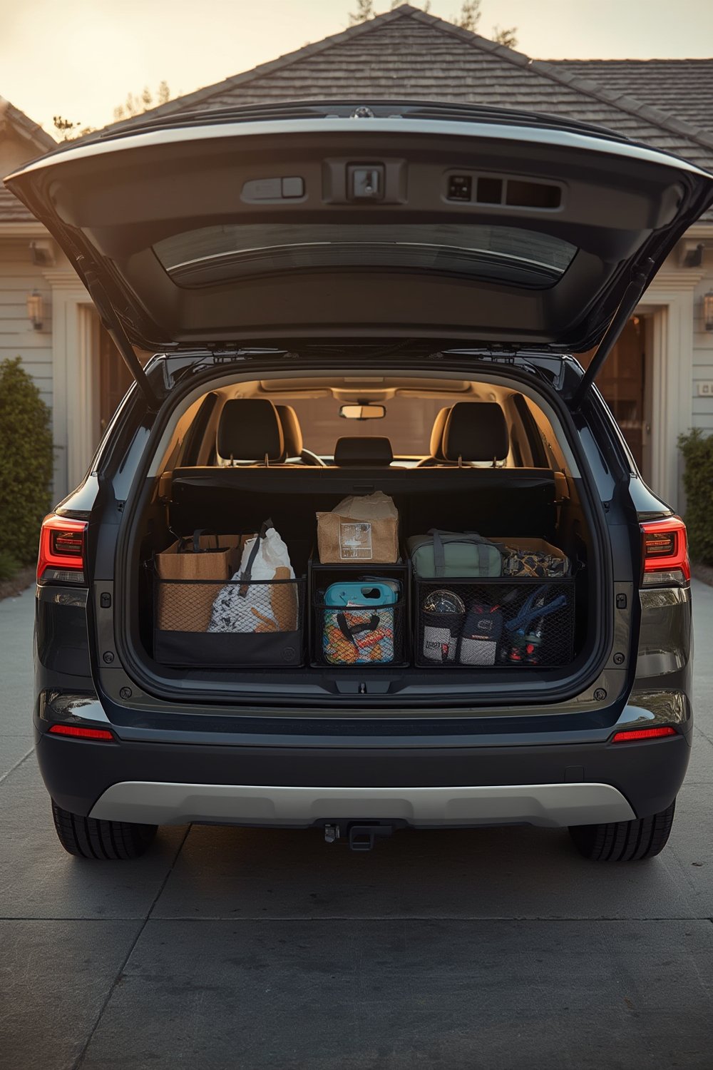 TRUNKCRATEPRO trunk organizer shown in the back of an SUV, filled with groceries and supplies.
