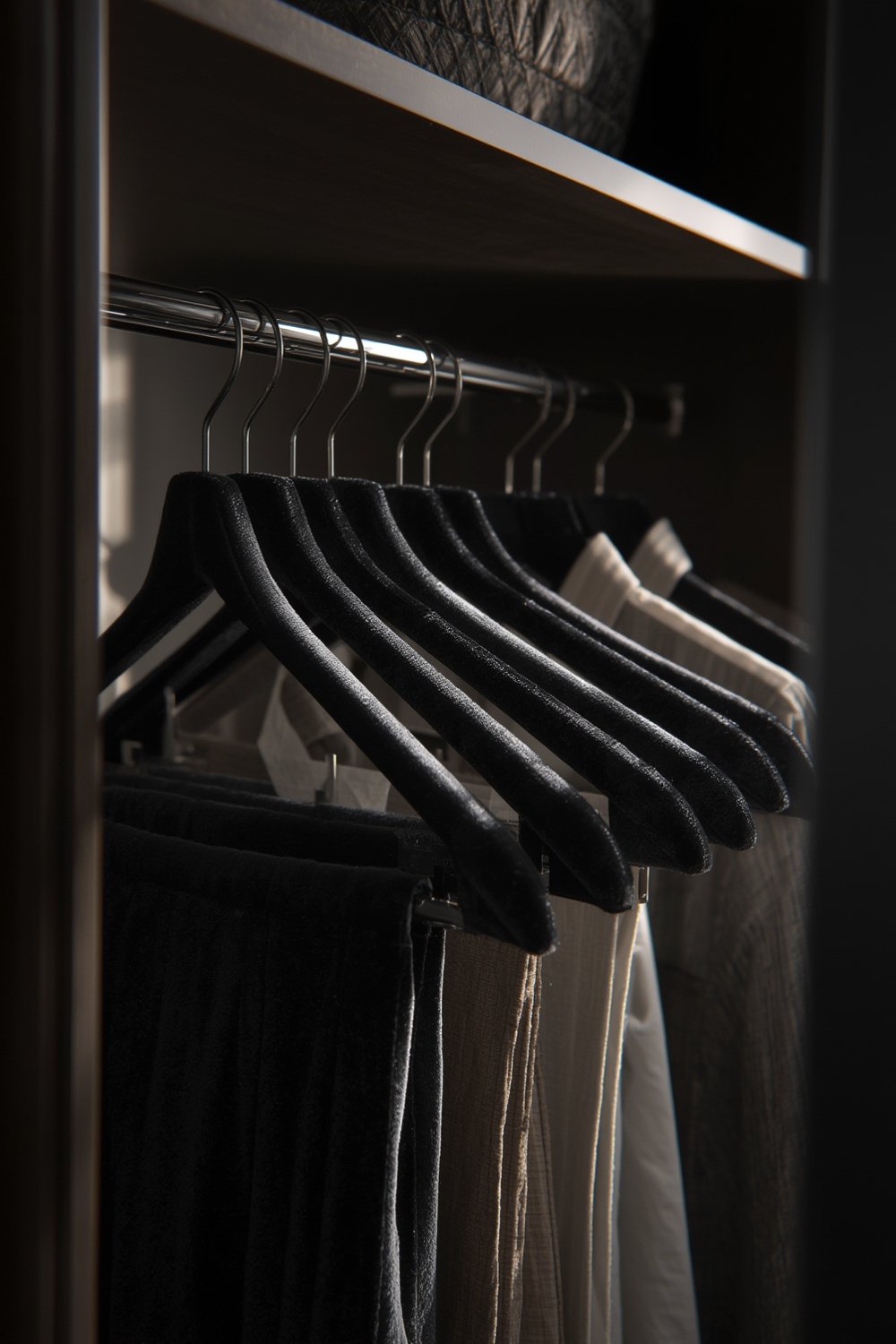 A set of black velvet hangers with clips neatly organized in a closet.