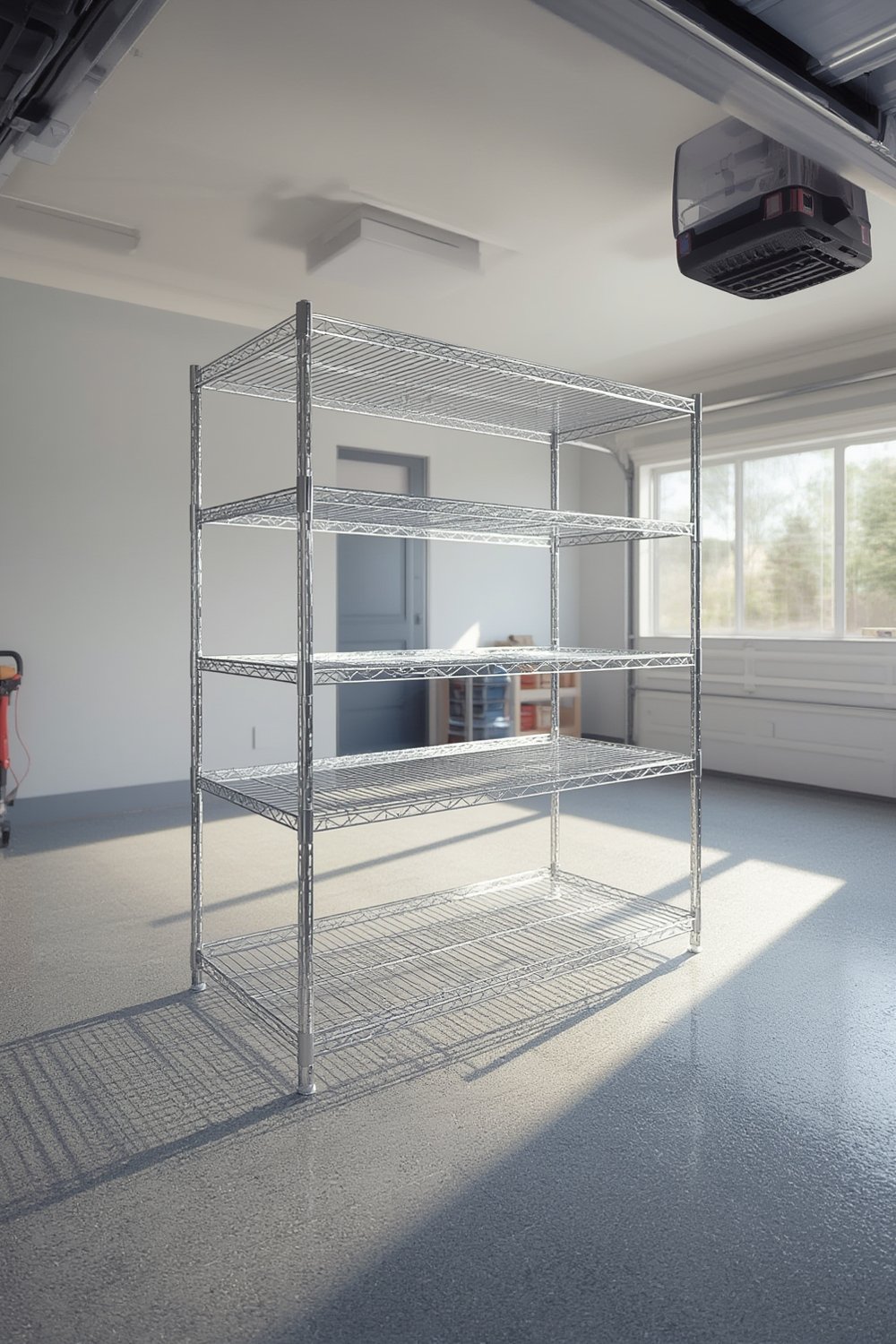 Amazon Basics 4-Shelf wire shelving unit in a clean, organized kitchen setting.